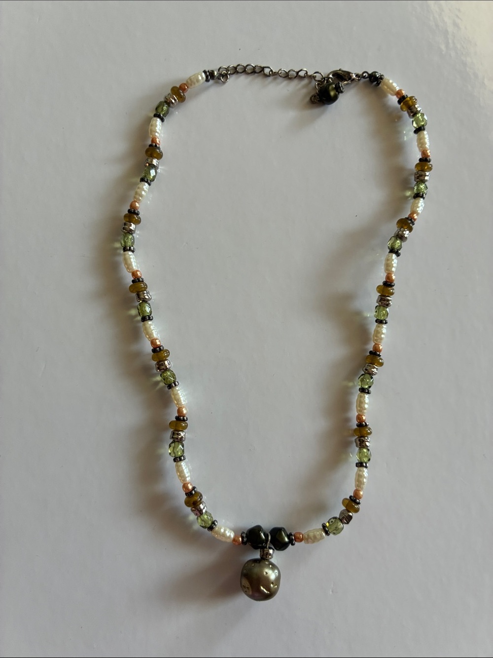 Source Unknown Green, Brown and Pearl Beaded Necklace with Dark Pendant